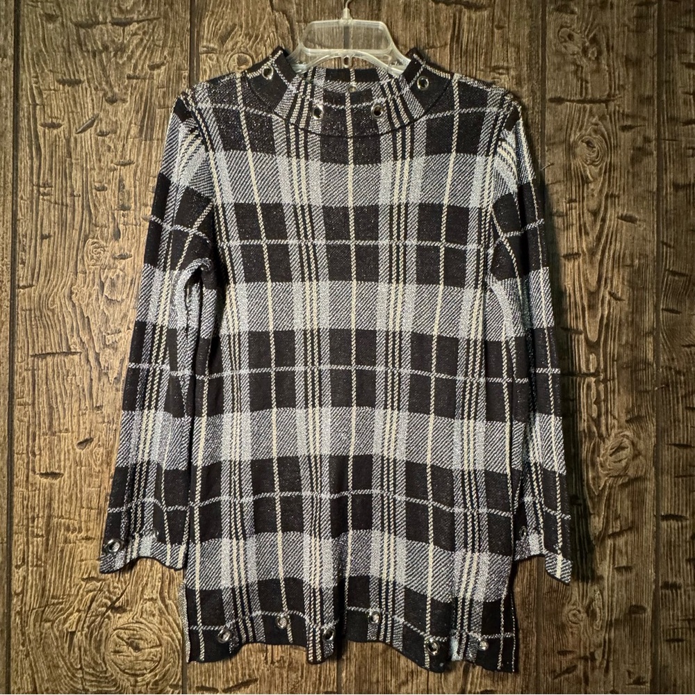 Belldini Plaid Grommet Tunic Top Black Gray Silver Y2K Grunge Medium